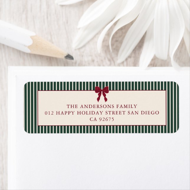 Red Bow Green Stripes Christmas Return Address (Insitu)