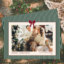 Red Bow Green Stripes Merry Christmas Photo