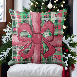 Red bow green white tartan festive cute glitter  cushion