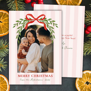 Red Bow Greenery Pink Stripes Arch Photo Christmas Holiday Card