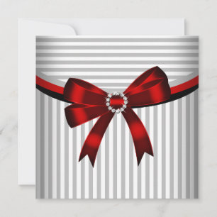 Red Bow Grey Black White Stripe Birthday Party Invitation