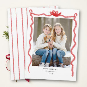 Red Bow Hand Drawn Squiggle Frame Photo Christmas Holiday Card