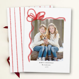 Red Bow Hand Drawn Whimsical Gift Photo Christmas Holiday Card