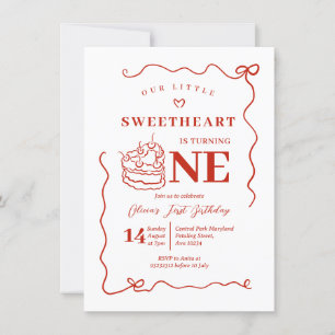 Red Bow Handdrawn Little Sweetheart Turning One Invitation