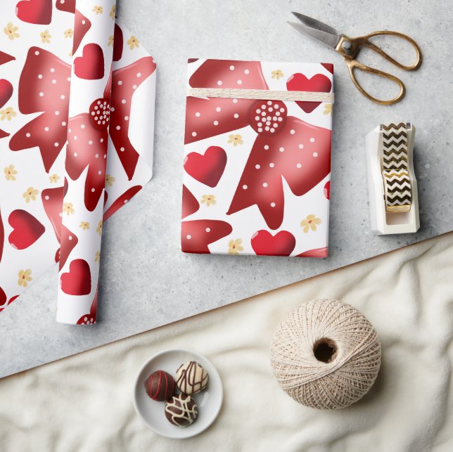 Red  Bow Heart Seamless Pattern Cute  Wrapping Paper (Crafts)