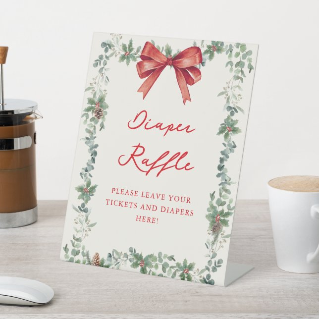 Red Bow Holiday Baby Shower Diaper Raffle Pedestal Sign (In SItu)