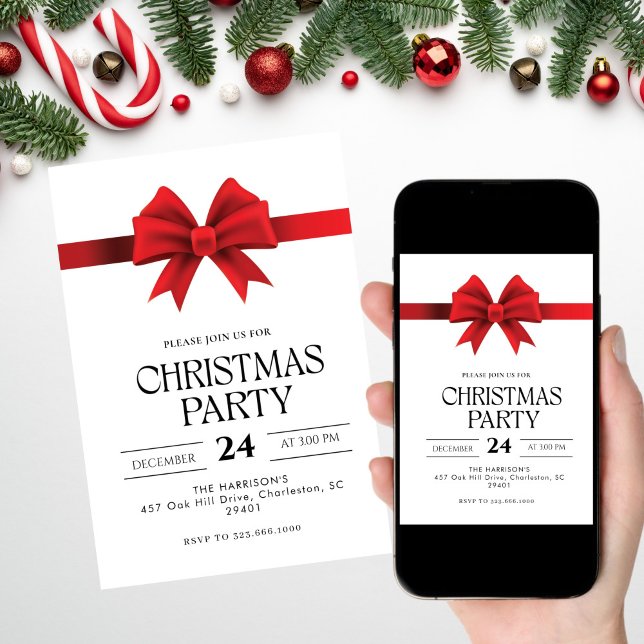Red Bow Holiday Christmas Dinner Invitation (Creator Uploaded)