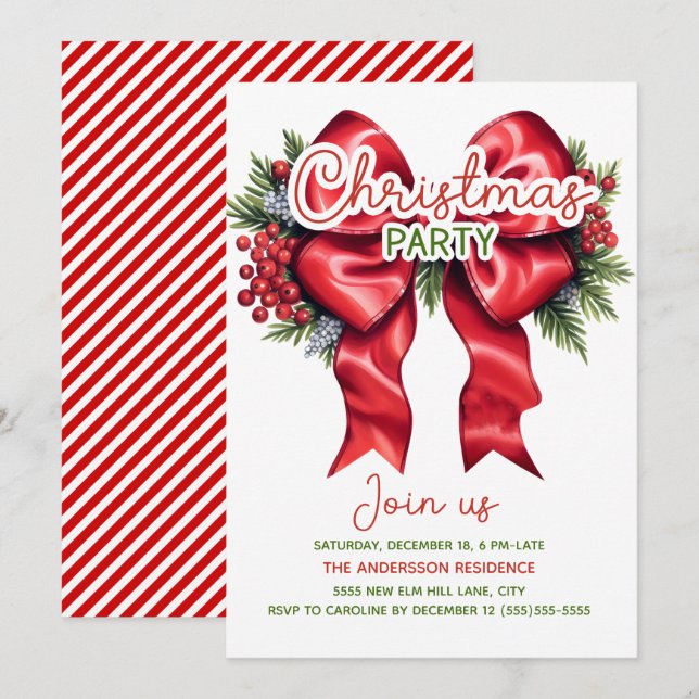 Red Bow Holly Berries Christmas Party Invitation (Front/Back)