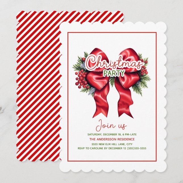 Red Bow Holly Berries Scalloped Christmas Party Invitation (Front/Back)