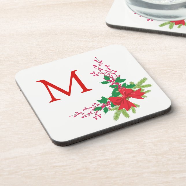 Red Bow Holly Christmas Monogram Coaster (Left Side)