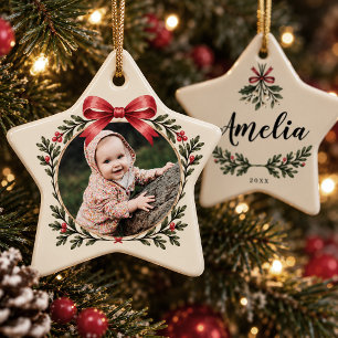 Red Bow Holly Garland First Christmas Child Photo Ceramic Tree Decoration
