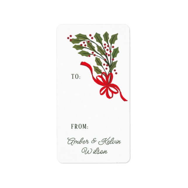 Red Bow Holly Garland Holiday Gift Label (Front)