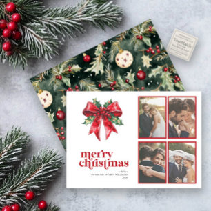 Red Bow Holly Married & Merry Newlywed 4 Photo Holiday Card