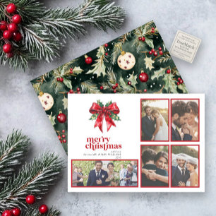 Red Bow Holly Married & Merry Newlywed 5 Photo Holiday Card