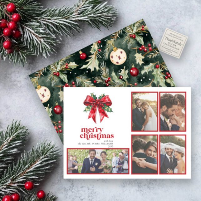 Red Bow Holly Married & Merry Newlywed 5 Photo Holiday Card (Creator Uploaded)