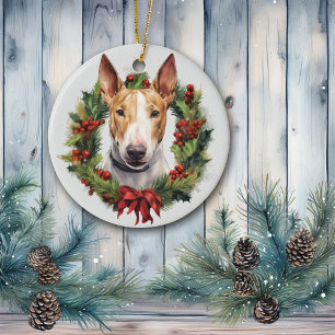 Red Bow Holly Wreath Bull Terrier Dog Ceramic Tree Decoration