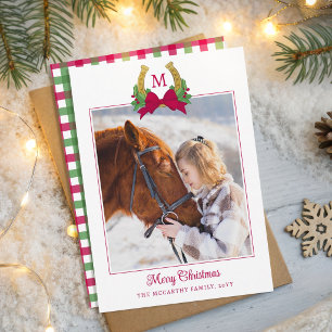 Red Bow Horseshoe & Holly Merry Christmas Photo Holiday Card