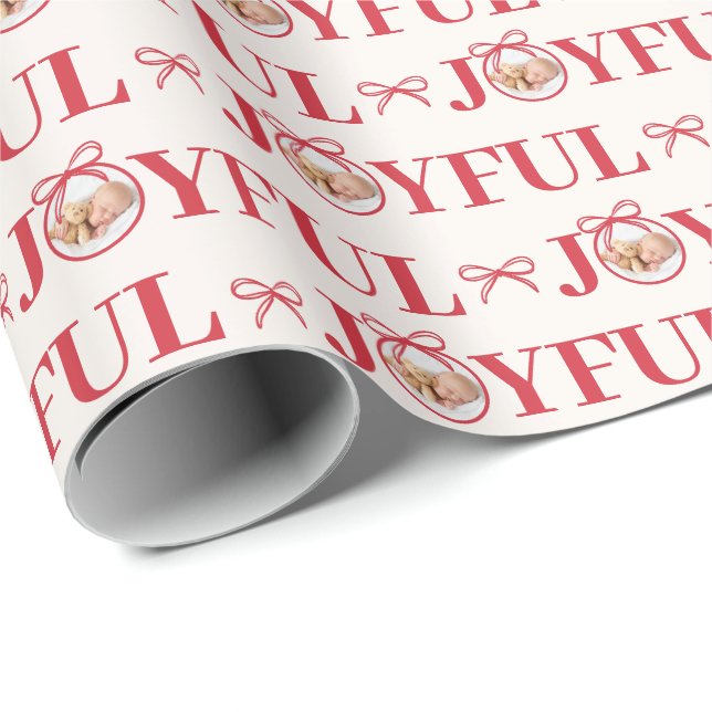 Red Bow Joyful One Photo Modern Christmas Wrapping Paper (Roll Corner)
