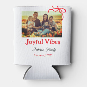 Red bow joyful Vibes add family name photo christm Can Cooler