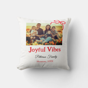 Red bow joyful Vibes add family name photo christm Cushion