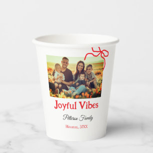 Red bow joyful Vibes add family name photo christm Paper Cups