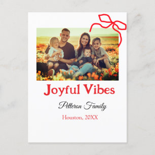 Red bow joyful Vibes add family name photo christm Postcard
