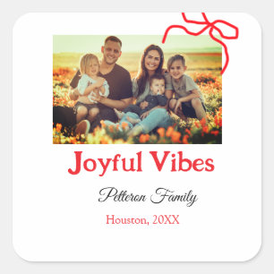 Red bow joyful Vibes add family name photo christm Square Sticker