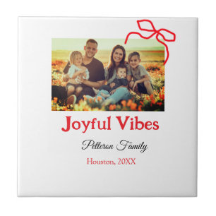 Red bow joyful Vibes add family name photo christm Tile