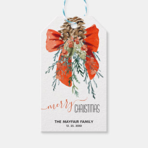 Red Bow Juniper & Sugar Cones Merry Christmas Gift Tags