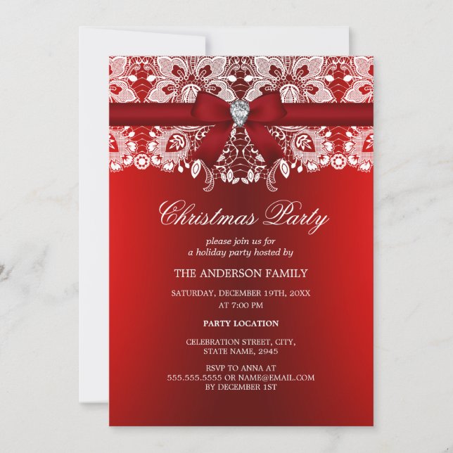 Red Bow & Lace Christmas Party Invitation (Front)