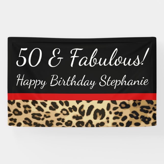 Red Bow Leopard 50th Fabulous Birthday Party Banner (Horizontal)