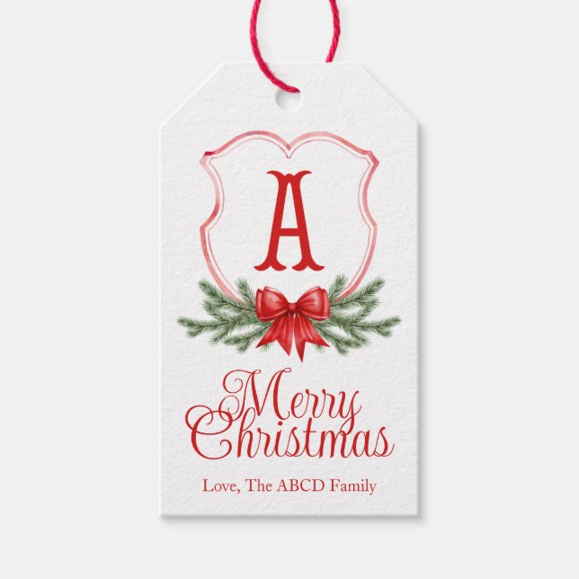 Red Bow Merry Christmas Crest Gift Tag - A (Front)