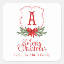 Red Bow Merry Christmas Crest Sticker Gift Tag - A