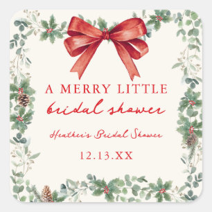 Red Bow Merry Little Christmas Bridal Shower Square Sticker