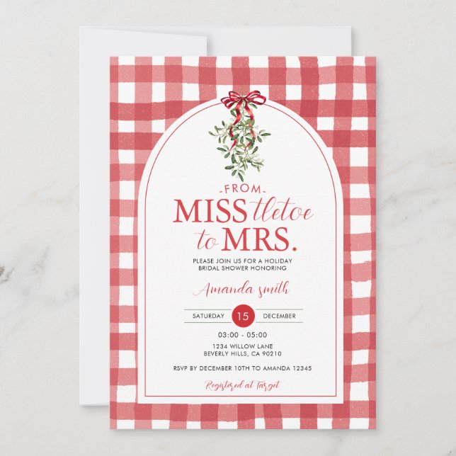 Red Bow Miss tletoe to Mrs Bridal Shower Holiday Invitation (Front)