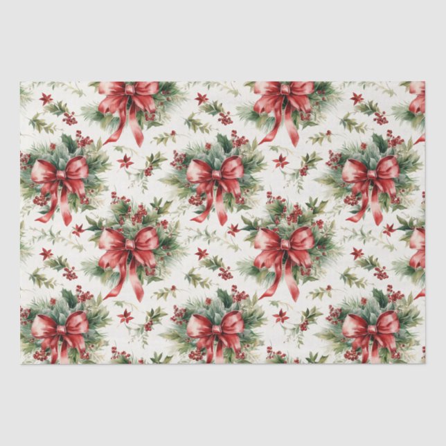 Red bow on holiday greens tissue paper (Front)