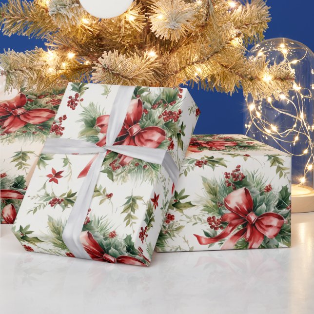 Red bow on holiday greens wrapping paper (Holidays)