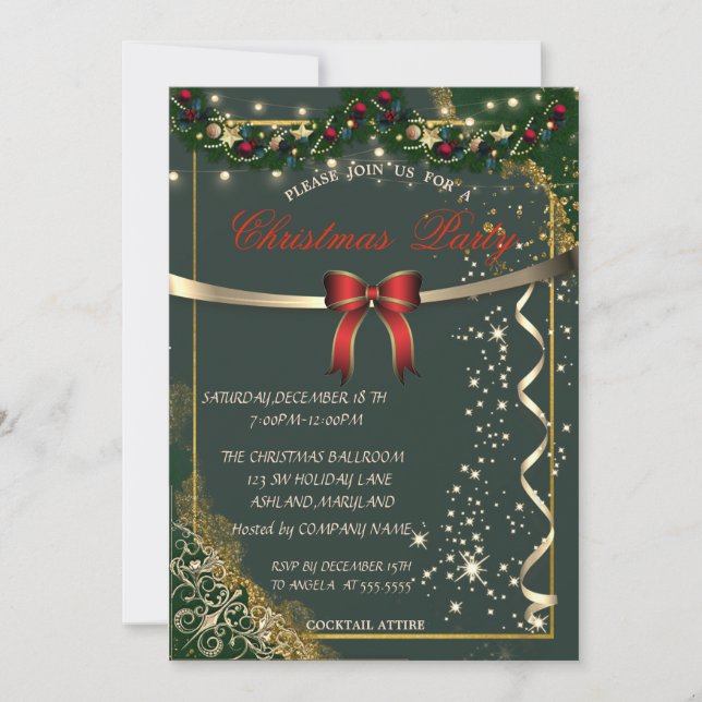 Red Bow,Ornaments Green Company Christmas Party Invitation (Front)
