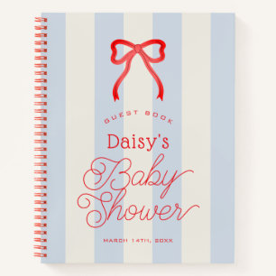 Red Bow & Pale Blue Stripes Baby Shower Guest Book