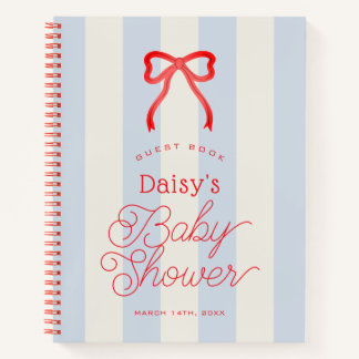 Red Bow & Pale Blue Stripes Baby Shower Guest Book
