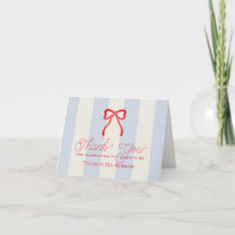 Red Bow Pale Blue Stripes Bridal Shower Thank You