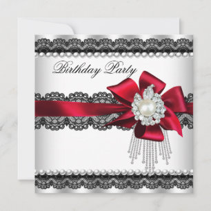 Red Bow Pearl Lace Pearl Birthday Party Invitation