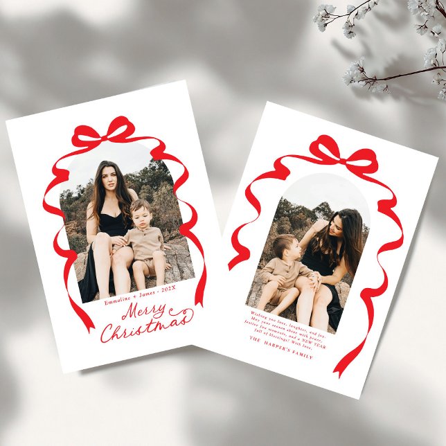 Red Bow Photo Merry Christmas Arch Holiday Card (Creator Uploaded)