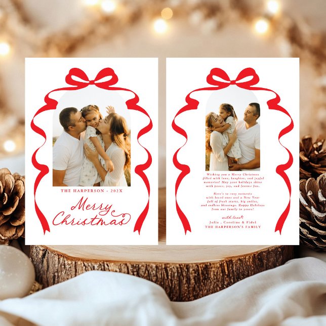 Red Bow Photo Merry Christmas Arch Holiday Card (Creator Uploaded)