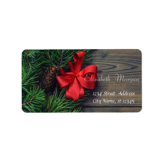 Red Bow, Pine cones , Wood Texture Christmas Label (Front)