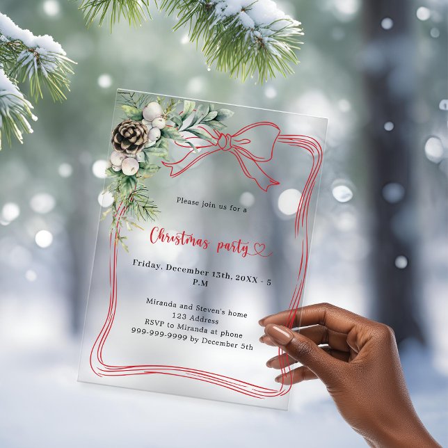 Red bow pine greenery Christmas Party frosted Acrylic Invitations (Creator Uploaded)
