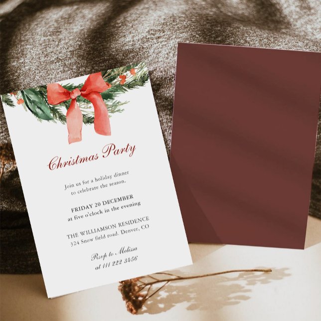 Red Bow Pine Wreath Christmas Party Invitation (Creator Uploaded)