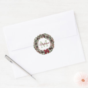 Red Bow Pinecone Wreath Monogram Christmas Classic Round Sticker
