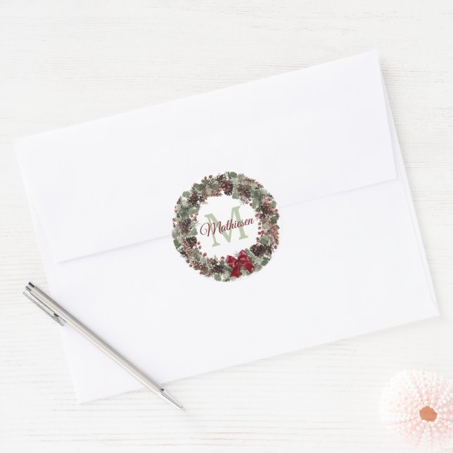 Red Bow Pinecone Wreath Monogram Christmas Classic Round Sticker (Envelope)