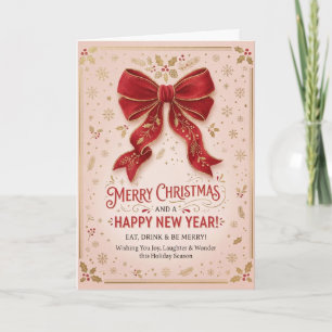 Red Bow Pink Christmas New Year Card